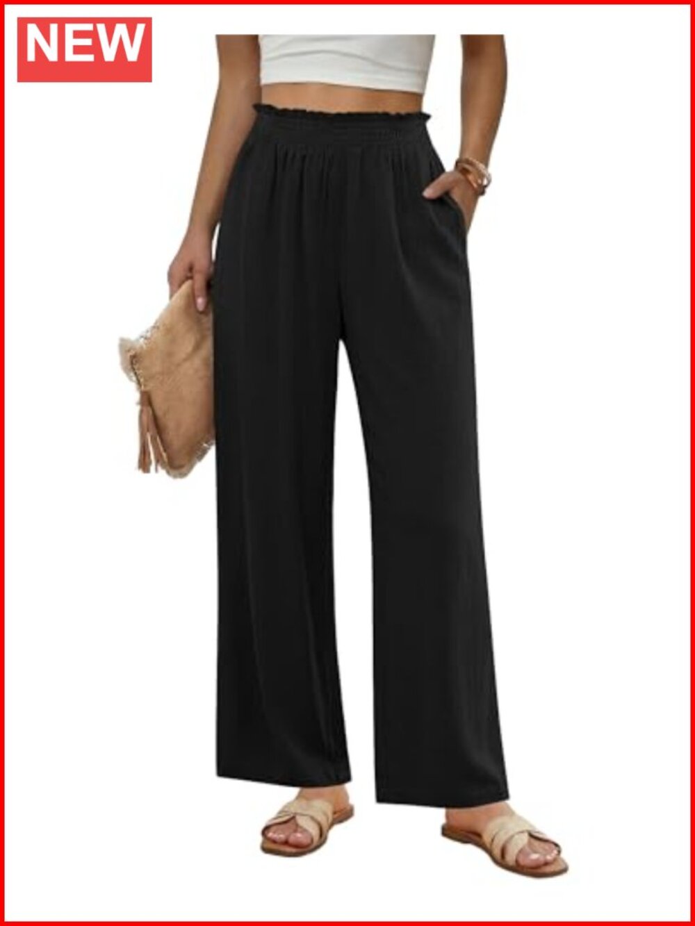 Linen Wide Leg Pants High Waisted Elastic Smocked Palazzo Summer Beach